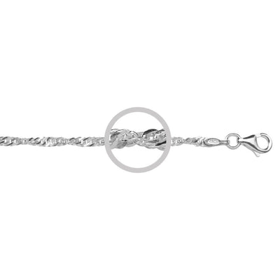 Close-up of a 2mm Sterling Silver Singapore Twist Chain showcasing its intricate twisted design and polished finish, highlighting its elegant sparkle and craftsmanship.