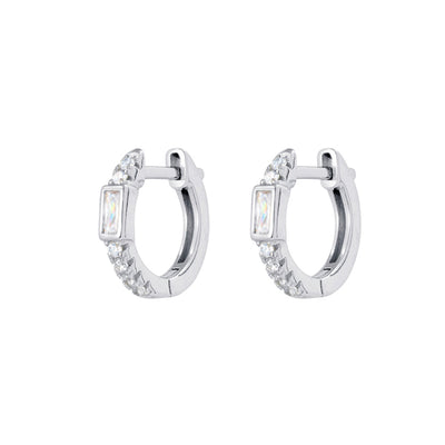 Sterling silver 15x2 mm hoop earrings with baguette and round cubic zirconia stones, hinged clasp design on white background.