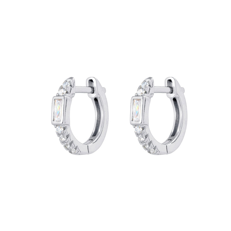 Sterling silver 15x2 mm hoop earrings with baguette and round cubic zirconia stones, hinged clasp design on white background.