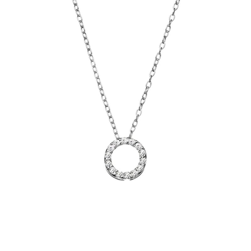 A close-up of the CZ Pave Circle pendant highlights the delicate pave-set cubic zirconia stones, beautifully capturing light for a stunning sparkle. The attention to detail makes this necklace a striking addition.