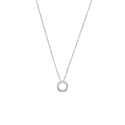 The CZ Pave Circle Necklace shines with an intricate pave setting, featuring a circle pendant adorned with sparkling cubic zirconia on a sterling silver chain. This piece adds a touch of elegance to any look.