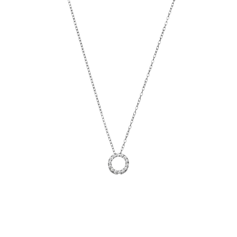 The CZ Pave Circle Necklace shines with an intricate pave setting, featuring a circle pendant adorned with sparkling cubic zirconia on a sterling silver chain. This piece adds a touch of elegance to any look.