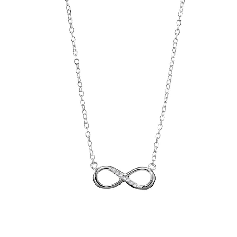 The CZ Pave Infinity Necklace in sterling silver features a beautifully crafted infinity pendant encrusted with cubic zirconia, creating a stunning sparkle against a sleek silver chain, ideal for everyday elegance.