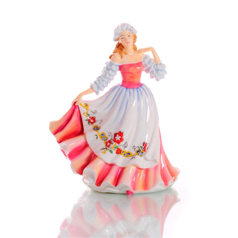 Celtic Ladies England figurine front view in pink and white dress with floral detailing