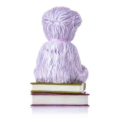 A rear-facing perspective of the figurine, displaying the fine craftsmanship of the lilac fur texture and the detailed spines of the books, perfectly complementing the bear’s design.