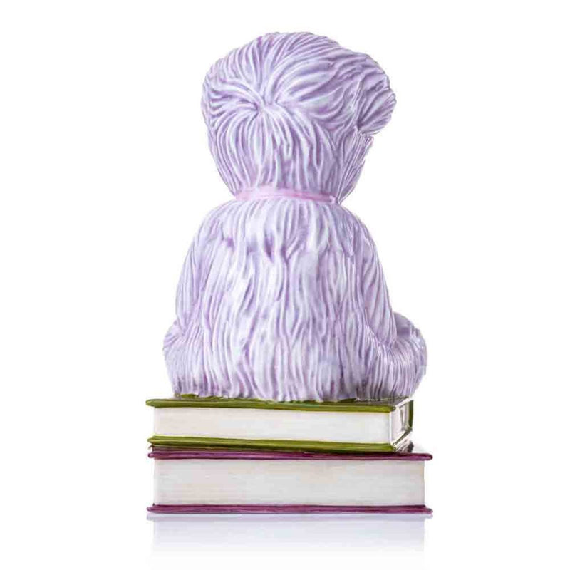 A rear-facing perspective of the figurine, displaying the fine craftsmanship of the lilac fur texture and the detailed spines of the books, perfectly complementing the bear’s design.