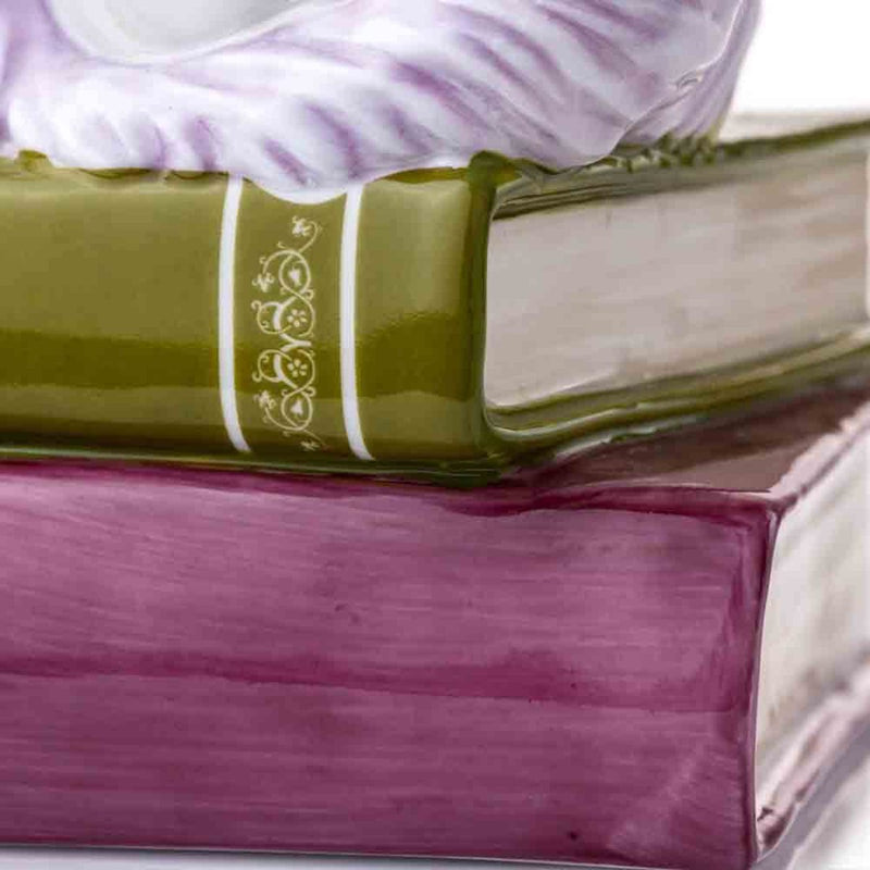 An intricate close-up of the books beneath the bear, including the 2024 Labyrinth catalogue, with carefully painted titles and textures that enhance the storytelling charm.
