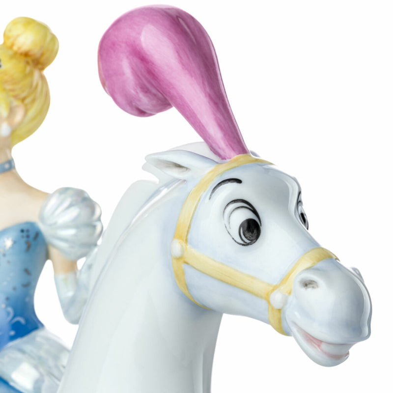 Close-up of the enchanted white horse with pink plume from Cinderella musical figurine
