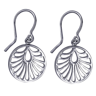 Sterling silver 15mm cut-out disc dangle earrings with elegant openwork design and hook earwires.