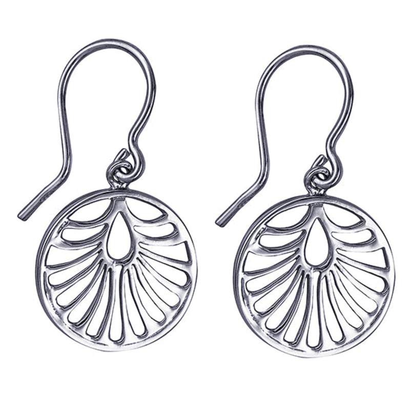 Sterling silver 15mm cut-out disc dangle earrings with elegant openwork design and hook earwires.