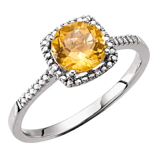 Citrine and Diamond Halo-Style Silver Ring
