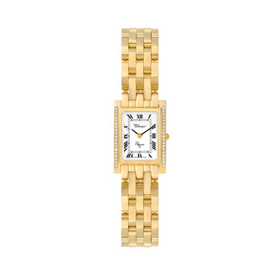 The Lainey Diamond Ladies Watch features a beautiful rectangular face with a diamond bezel. The 14kt gold-plated stainless steel case and bracelet band showcase the elegance and style of this women's watch. Fitted with a Swiss Quartz movement, this watch blends fashion and time.