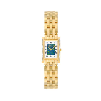 The Lainey Opal Diamond Ladies Watch features a beautiful rectangular face with a diamond bezel and Opal Dial. The 14kt gold-plated stainless steel case and bracelet band showcase the elegance and style of this women's watch. Fitted with a Swiss Quartz movement, this watch brings fashion and time together for a natural elegance.