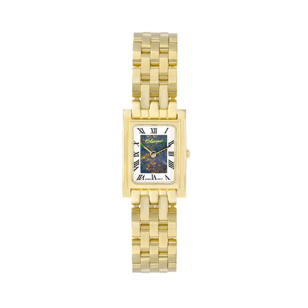 The Lilah Opal Watch is a beautiful staple piece. It features a 20x30mm rectangular face set on a 14kt yellow gold-plated stainless steel bracelet band. This women's luxury watch is fitted with a Swiss Quartz movement and is ideal for combining fashion and time.