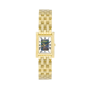 The Lilah Opal Watch is a beautiful staple piece. It features a 20x30mm rectangular face set on a 14kt yellow gold-plated stainless steel bracelet band. This women's luxury watch is fitted with a Swiss Quartz movement and is ideal for combining fashion and time.