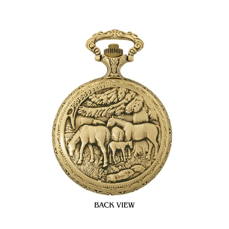 The Classique - Two Horses 48mm Antique Gold Tone Pocket Watch is the perfect addition to any gentleman&