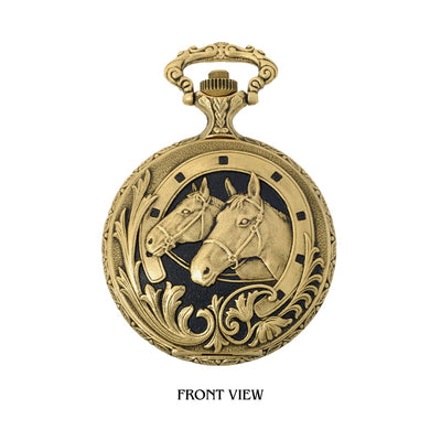The Classique - Two Horses 48mm Antique Gold Tone Pocket Watch is the perfect addition to any gentleman's collection. This gents watch comes with a matching 25cm curb chain and boasts a 48mm dial, making it a standout statement piece. Shop now at Jewels of St Leon Watch Collection.