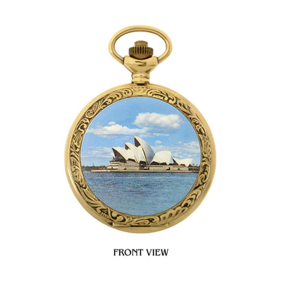 Opera House Gold Plated Pocket Watch - a stunning timepiece that pays tribute to one of the world's most iconic landmarks. With a 48mm dial, this watch beautifully illustrates the iconic image of Sydney and of Australia itself. The vibrant portrait of the Opera House perfectly depicts the warmth of Sydney, making this watch a must-have timepiece to add to your collection. Available from Jewels of St Leon.