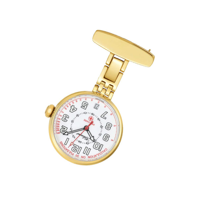 Classique Pro-Care Gold Plated Nurses Watch with white dial, black numerals, and red pulsation scale.