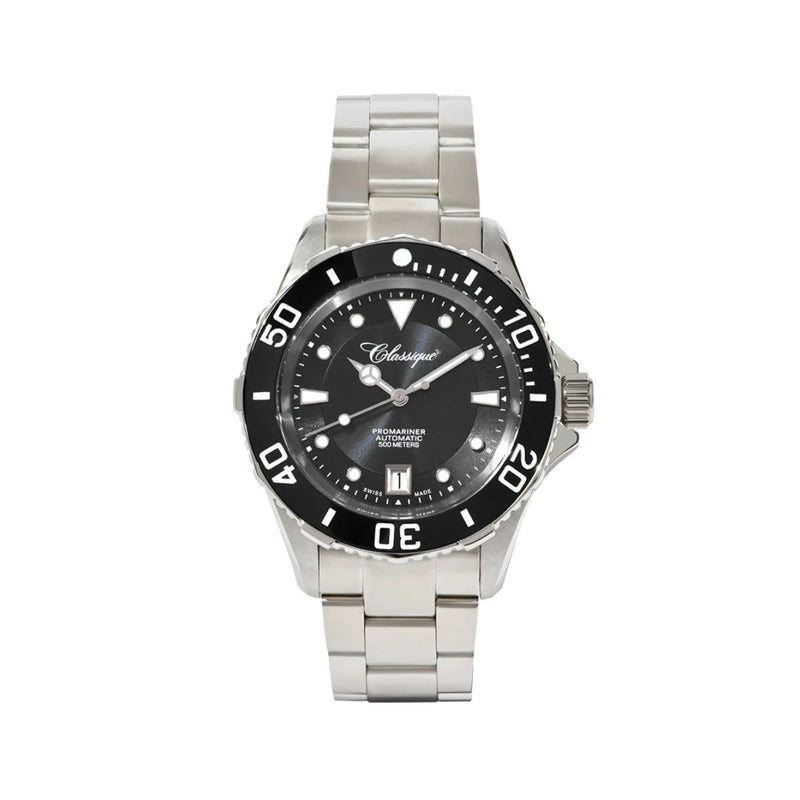 Close of the Classique Pro-Mariner Professional Divers Watch with black dial on a white background