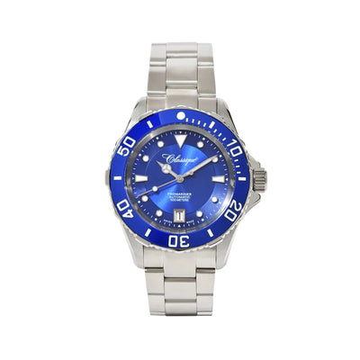Front-facing view of the Classique Pro-Mariner Blue Professional Divers Watch, featuring a stainless steel bracelet, bold blue dial, unidirectional bezel, and 500m water resistance. Swiss-made automatic with sapphire crystal.