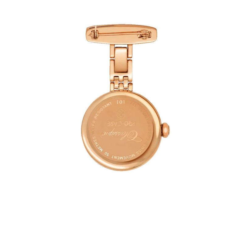 Classique Pro-Care Rose Gold Plated Nurses Watch back view with stainless steel case and secure clasp.