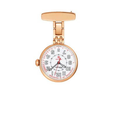 Classique Pro-Care Rose Gold Plated Nurses Watch with white luminous dial, black numerals, and red pulsation scale.