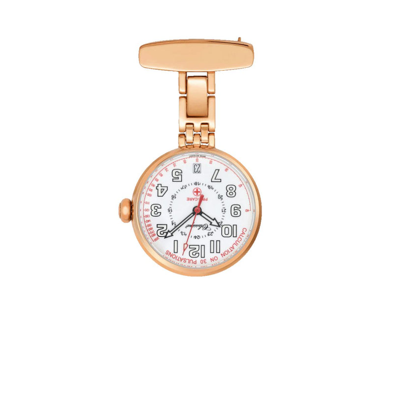 Classique Pro-Care Rose Gold Plated Nurses Watch with white luminous dial, black numerals, and red pulsation scale.