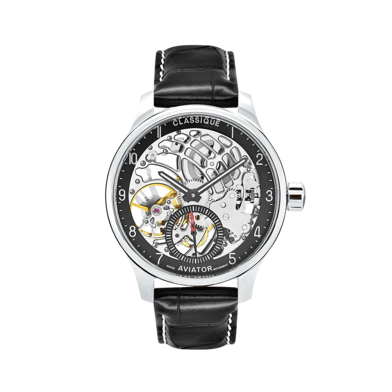 Front view of the Classique Aviator Black Skeleton Watch with 47mm open-dial design, Swiss mechanical movement, black leather band, and sapphire crystal face.