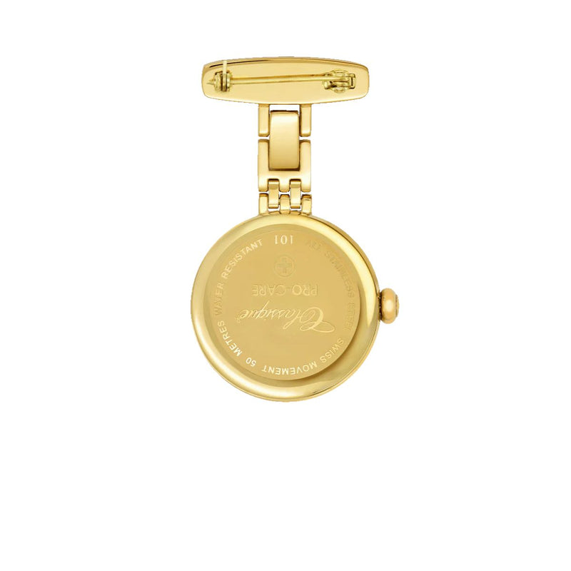 Classique Pro-Care Gold Plated Nurses Watch back view with stainless steel case and secure clasp.