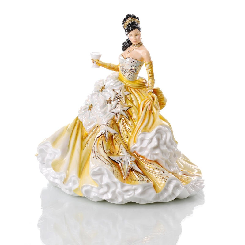 Full view of Congratulations Gold fine bone china figurine with golden dress and pearl lustre