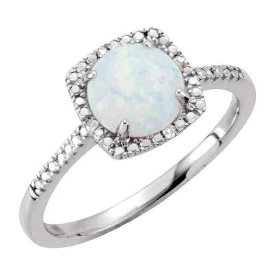 Created Opal with 0.01ctw Natural Diamond Halo-Style Sterling Silver Ring