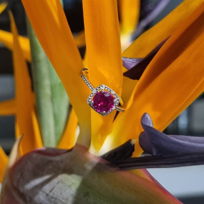 Close up of our lab-created ruby and diamond halo-style sterling silver ring, set on a Bird of Paradise plant, with a beautiful contrast. Available from Jewels of St Leon.