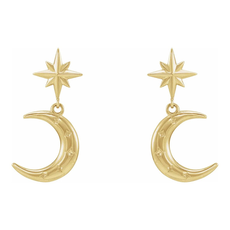 Our stunning Crescent Moon and Star Dangle Earrings in 14kt Yellow Gold. These exquisite earrings feature a unique celestial design, measuring 24.8x11.4 mm, making them the perfect statement piece for any occasion. These 14kt gold earrings blend timeless elegance with contemporary style. Elevate your look with these captivating and versatile gold earrings that will become a cherished addition to your jewellery collection.