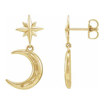 Our stunning Crescent Moon and Star Dangle Earrings in 14kt Yellow Gold. These exquisite earrings feature a unique celestial design, measuring 24.8x11.4 mm, making them the perfect statement piece for any occasion.