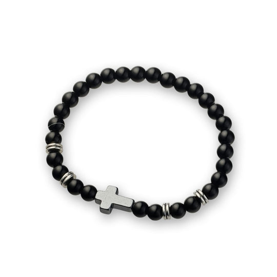 Men's Black Onyx Bracelet with Cross Pendant