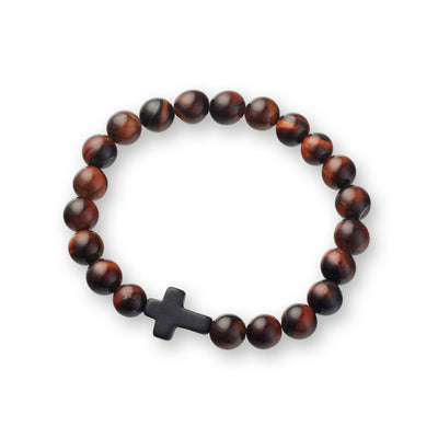 A close-up of the Blaze Men's Red Tiger Eye Bracelet shows the rich 8mm beads alongside the sleek black stainless steel cross pendant, showcasing its elastic design for comfortable, stylish wear. Shop men's fashion and jewellery at Jewels of St Leon.