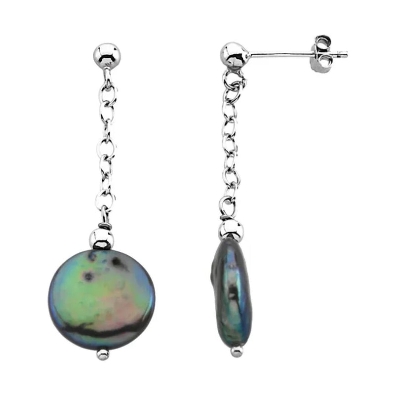 Our beautifully stunning Freshwater Cultured Black Coin Pearl Earrings are crafted from 925 Sterling Silver - the perfect accessory for any occasion! These classic and elegant earrings are made with freshwater cultured coin pearls dangle from a silver ball stud earring.