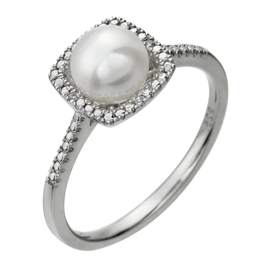 Freshwater Cultured Pearl and Diamond Silver Birthstone Ring