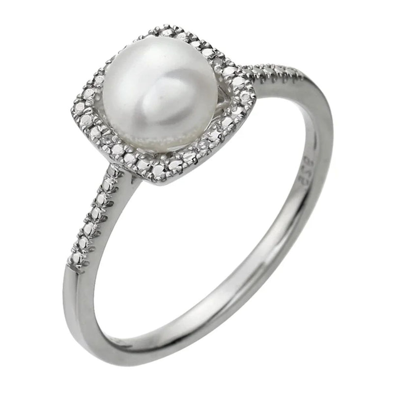 Ladies Ring set with a 7mm Cultured Freshwater White Pearl and 0.01ctw Natural Diamonds, in a sterling silver halo-setting. Available from Jewels of St Leon