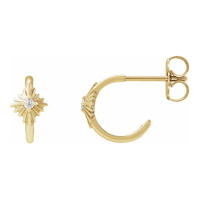 Explore our range of ladies hoop rings. Featuring our pair of beautiful Diamond Starburst Accent Hoop Earrings in 14kt Yellow Gold. These diamond accent earrings are the perfect fashion accessory for the ladies who love class and radiant beauty. Complete any outfit with this stunning yellow gold ladies earrings.