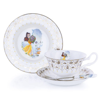 The world's favourite Disney Princess Belle from Beauty and the Beast is now available in a Cup and Saucer plus 6 inch Plate set. The hand decorated imagery of Belle and platinum motifs surrounding the rim features the full aray of characters from the movies. Crafted from the finest bone china, this Disney100 Belle Cup and Saucer set will last a lifetime and would be a wonderful gift to mark a special occasion. Available from Jewels of St Leon Jewellery, Giftware and Watches.