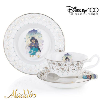 Add little Disney Magical with this Exclusive Disney 100 Collectible Teaware Set. This set features Aladdin's Jasmine on a Collectors plate, cup and saucer set and matching spoon. Beautifully hand decorated and trimmed with platinum, this Disney Collectible is a must have for any fan or collector.