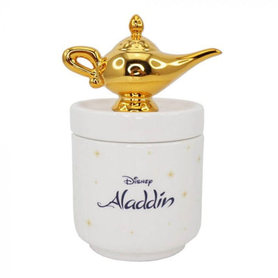 A detailed close-up of the Genie’s lamp lid, showcasing its gleaming gold finish and elegant design, a magical highlight of this Disney Aladdin Collector Box.