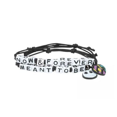 This set includes two black cord bracelets perfect for sharing with your one true love. One bracelet features block letters spelling "Now &amp; Forever" with a Sally-themed heart charm, while the other spells "Meant To Be" with a Jack head charm. Perfect as a friendship bracelet or pop culture bracelet. Shop now at Jewels of St Leon.