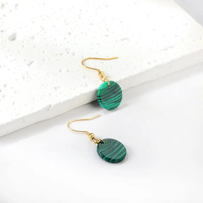 A close-up of the Malachite Style Dangle Earrings showcasing the vibrant green marbled design and 18K gold-plated finish, perfect for modern fashion lovers.