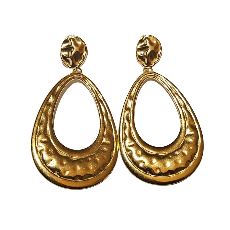 A close-up of the Gold Oval Drop Earrings, showcasing their sleek and polished oval design, gleaming 18K gold plating, and modern elegance against a soft background.