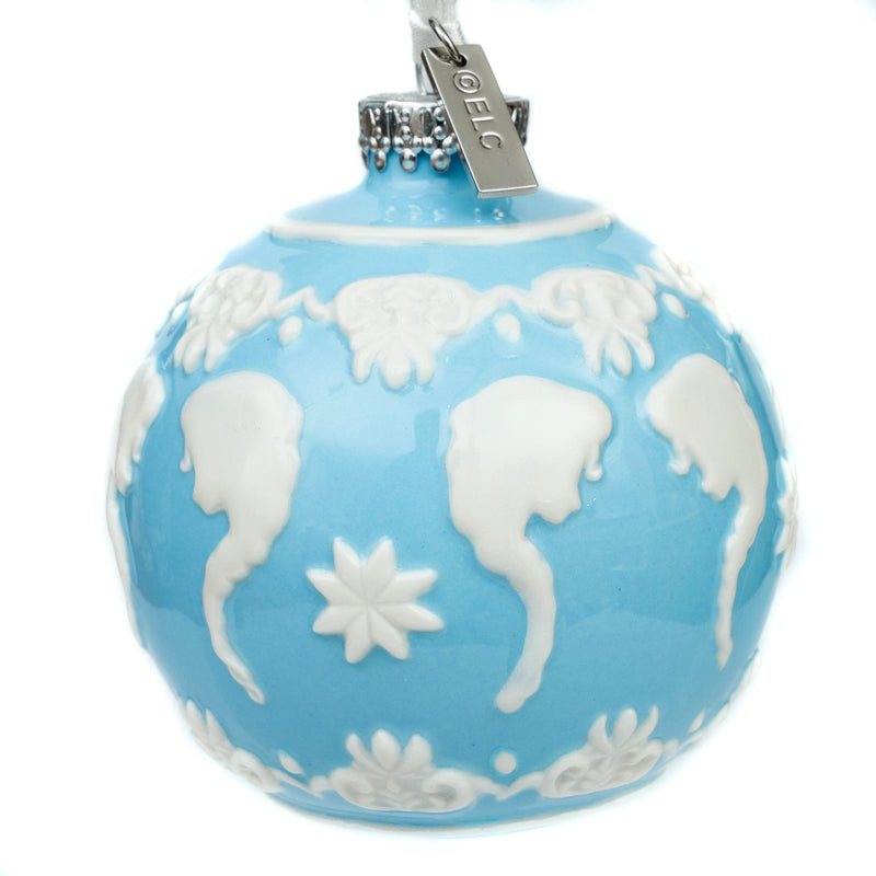 Pair of Disney Frozen Elsa fine bone china Christmas ornaments in icy blue and white with embossed silhouette detailing