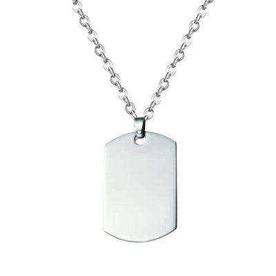 A powerful Engravable Dog Tag Necklace, highlighting its 35x20mm size, stainless steel durability, and sleek finish.