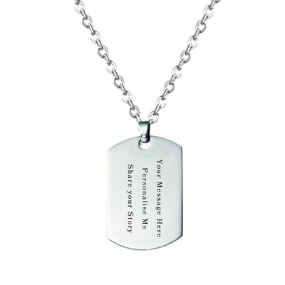 A powerful Engravable Dog Tag Necklace, inscribed with a special message, highlighting its 35x20mm size, stainless steel durability, and sleek finish.